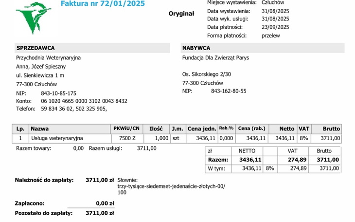 Faktura za usługi weterynaryjne z danymi kontaktowymi.