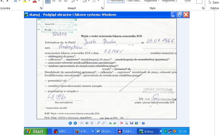 Dokument z danymi osobowymi i orzeczeniem lekarskim.