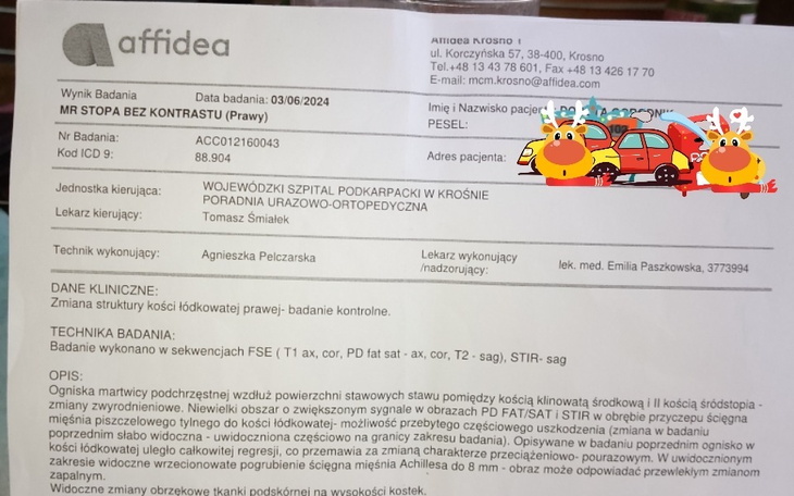 Dokument medyczny z danymi pacjenta i informacjami o badaniu.