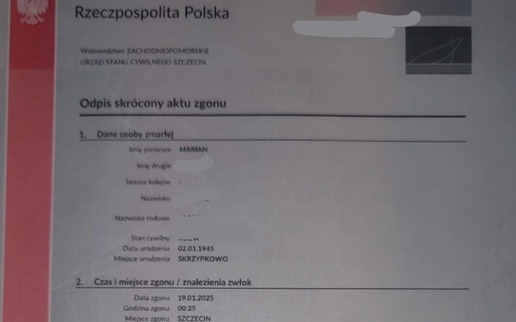 Dokument urzędowy z danymi osobowymi i datą zgonu.