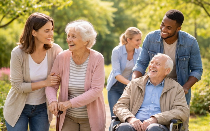 Rodzina spaceruje w parku z osobami starszymi.