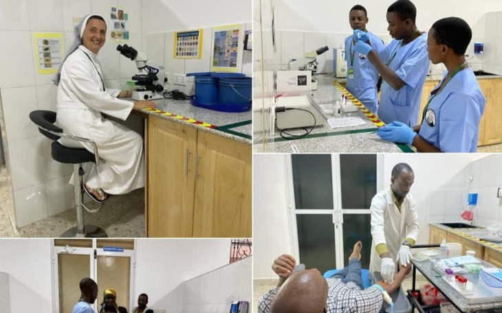 Laboratorium z naukowcami pracującymi przy mikroskopach i analizach.