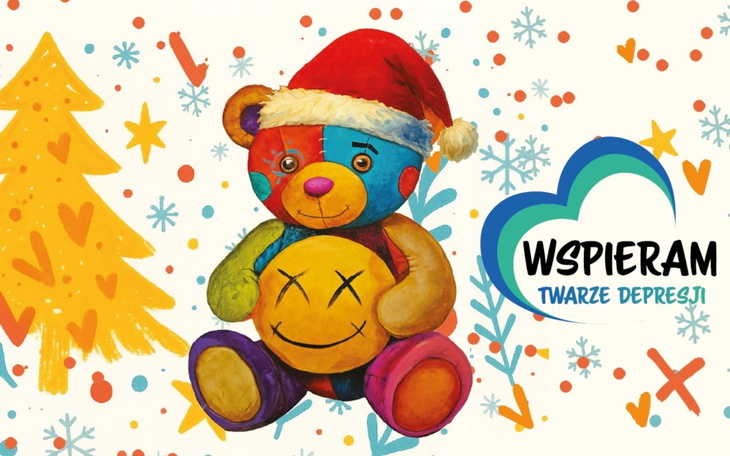 Kolorowy miś w świątecznym klimacie z uśmiechniętą buzią.