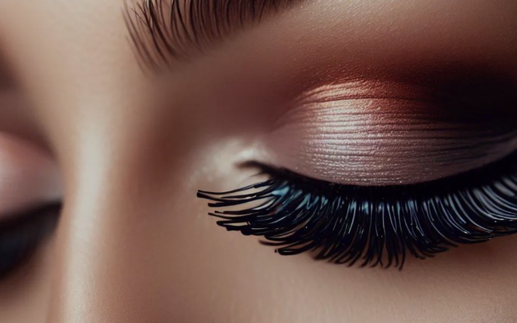 Zbliżenie na oko z makijażem i długimi rzęsami.