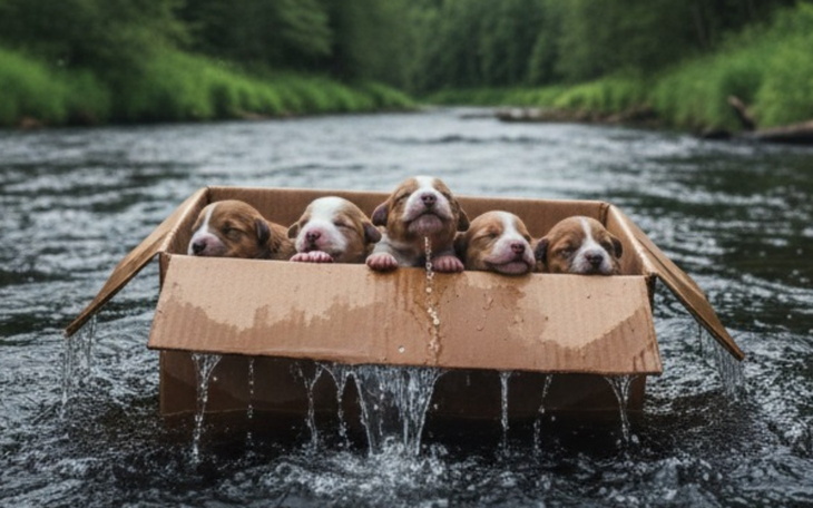 Szczeniaki w kartonie na rzece, radosne i urocze.