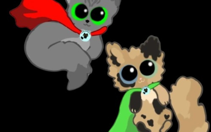 Dwie animowane koty w pelerynach, wyglądające na superbohaterów.