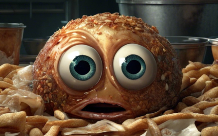 Zabawny stwór z dużymi oczami wśród jedzenia.