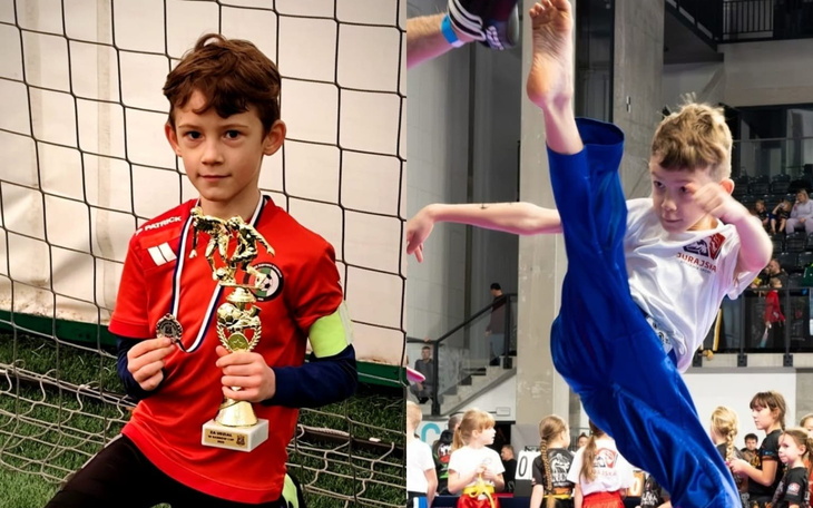 Chłopiec z trofeum i medalem, obok zdjęcie z treningu.