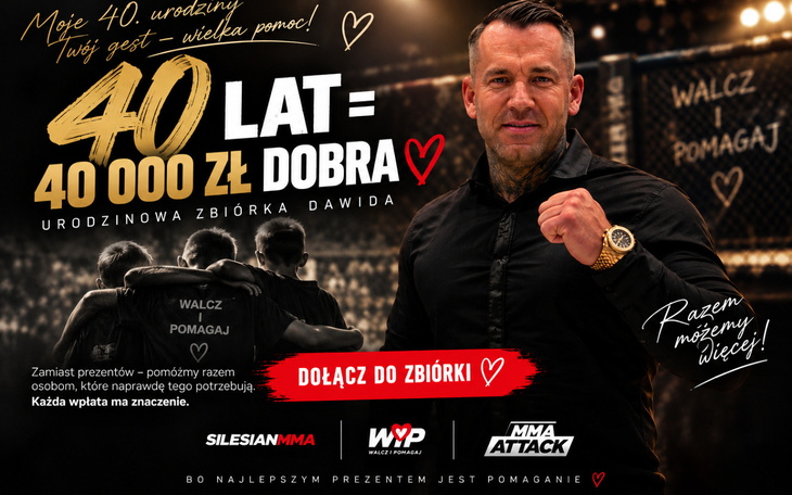 Kolaż: grafika promocyjna zbióki 40 lat dobrego, osoba w czarnych ubraniach na tle sportowego wydarzenia.