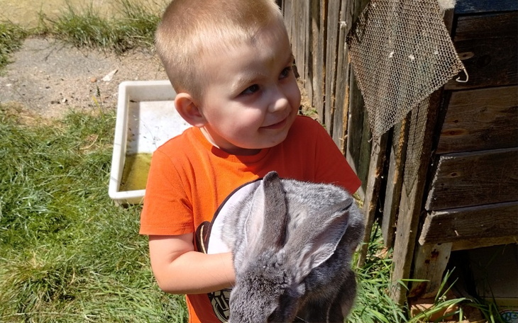 Chłopiec trzymający dużego królika na rękach.