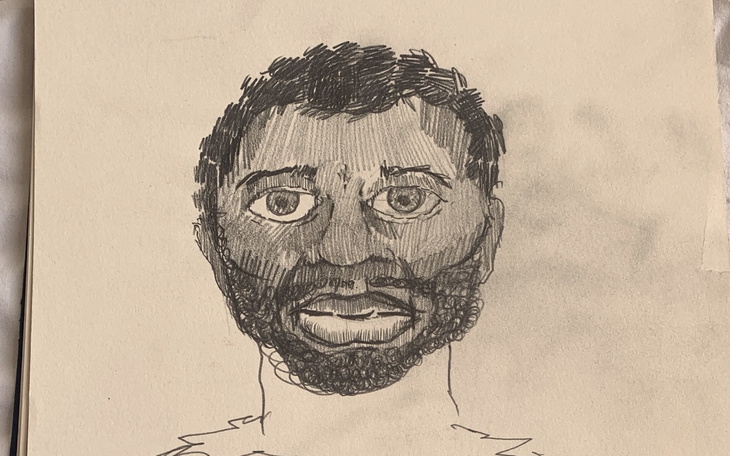 Rysunek przedstawiający mężczyznę z zarostem i wyrazistymi rysami twarzy.