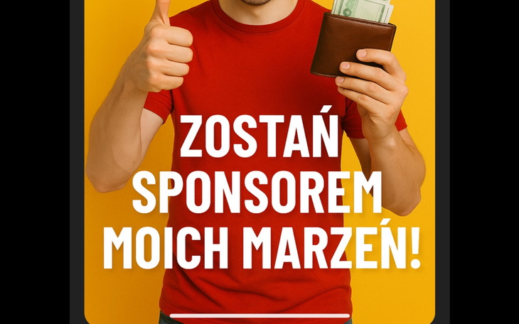 Mężczyzna z portfelem, zachęcający do sponsorowania.
