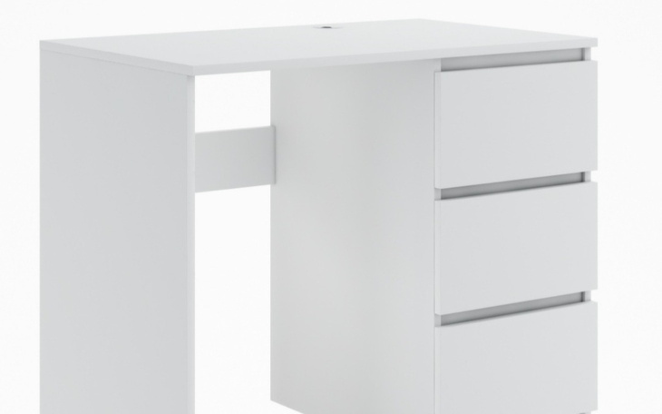 Biały biurko z trzema szufladami, minimalistyczny design.