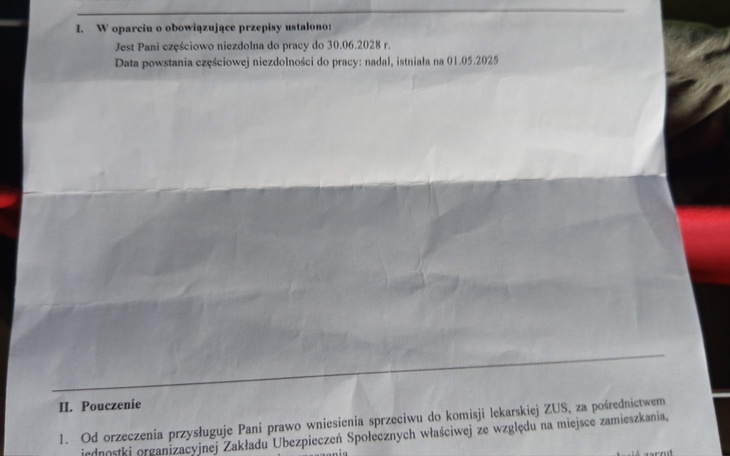 Dokument dotyczący niezdolności do pracy.