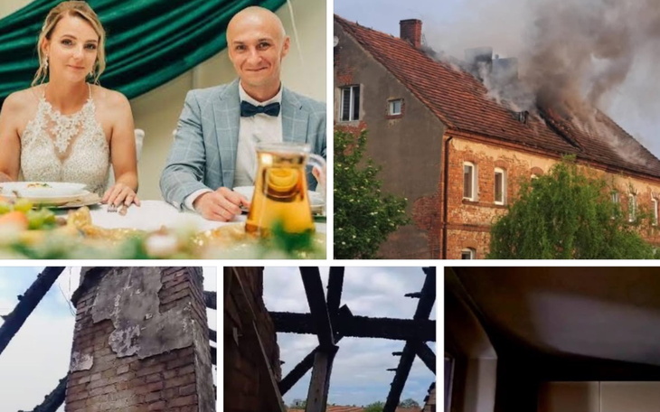 Para młoda przy stole, w tle zniszczony budynek.
