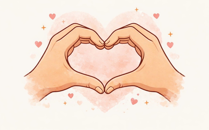 Rysunek dwóch rąk tworzących serce na tle serc.