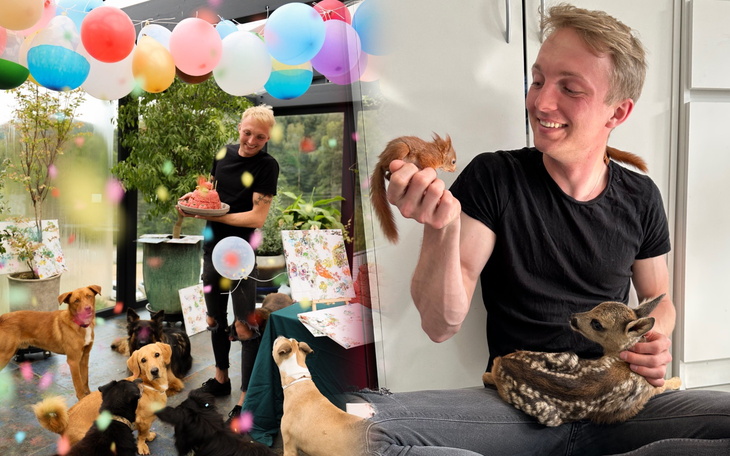 Urodzinowa impreza z psami i kolorowymi balonami.