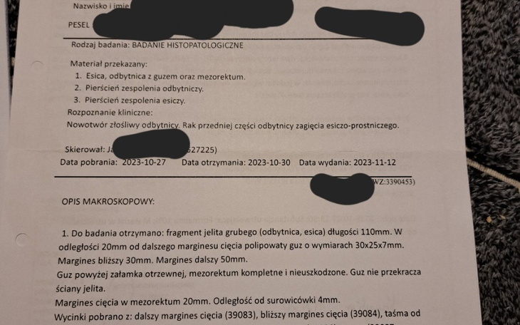 Dokument medyczny z wynikami badań histopatologicznych.