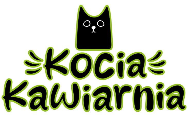 Logo kawiarni z kotami, z czarnym kotem na górze.