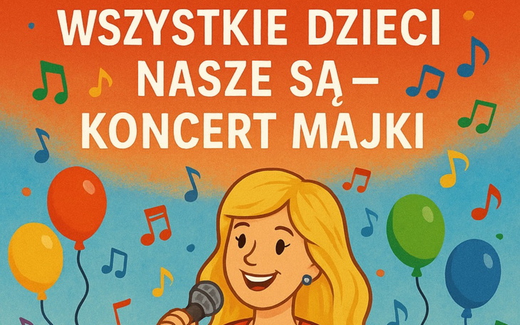 Plakat koncertu dla dzieci z kolorowymi balonami i postacią śpiewającą.