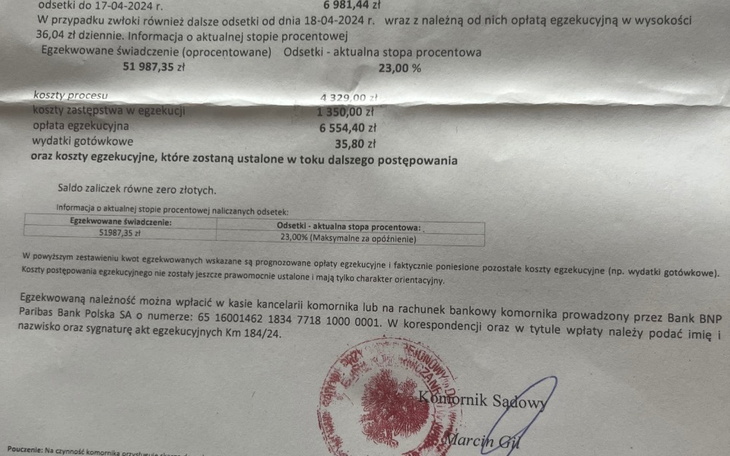 Dokument dotyczący kosztów egzekucji, z datą i szczegółami finansowymi.