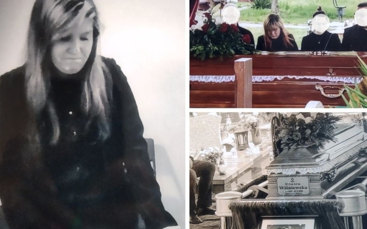 Smutna kobieta na pogrzebie, widok na trumnę.