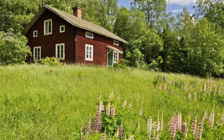 Czerwony dom otoczony zielenią i kwiatami.