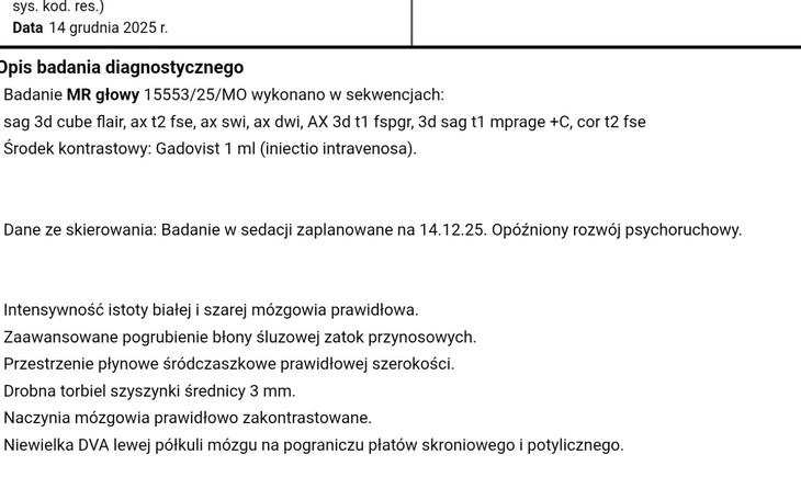 Dokument medyczny z opisem badania diagnostycznego.