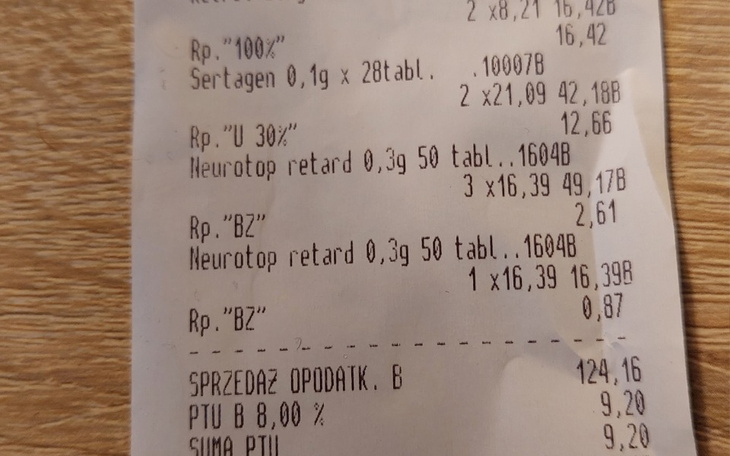 Paragon z zakupami i kwotami.