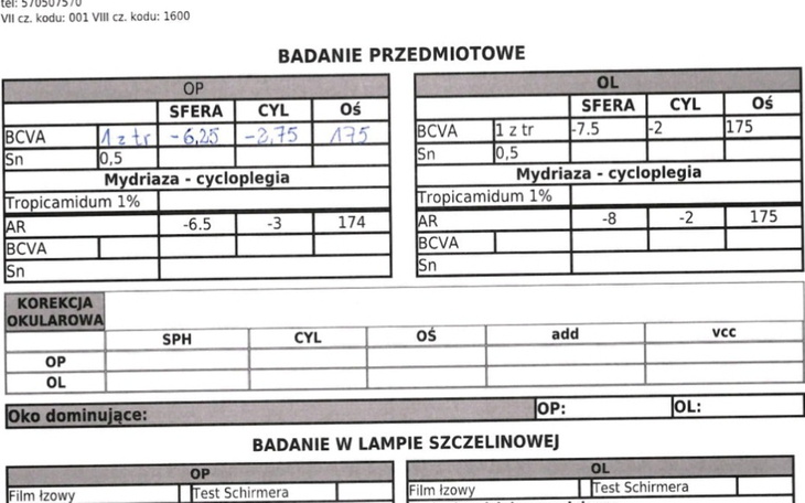 Dokument medyczny z wynikami badań wzroku, z danymi pacjenta.