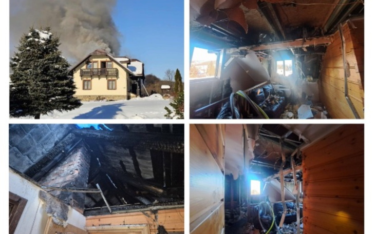 Zniszczony dom po pożarze, widok z zewnątrz i wewnątrz.