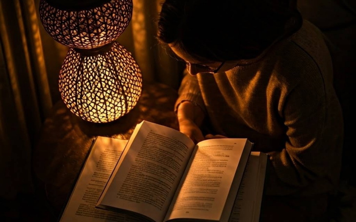 Osoba czytająca książkę przy lampie, w ciepłym świetle.