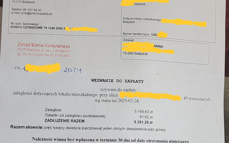 Dokument dotyczący zaległości w opłatach za mieszkanie.