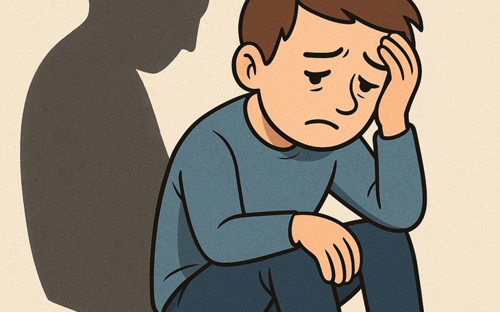 Ilustracja smutnego chłopca z cieniami w tle.