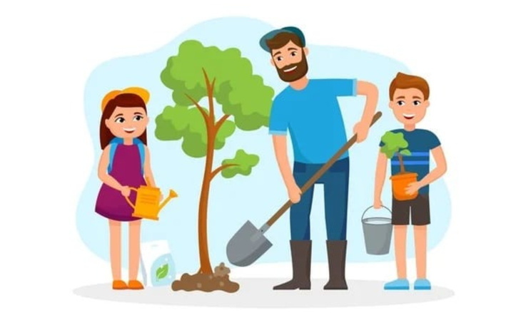 Ilustracja rodziny sadzącej drzewo w ogrodzie.