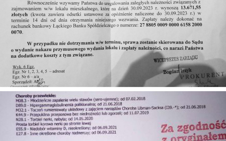 Dokumenty dotyczące sprawy sądowej, z informacjami o terminach i płatnościach.