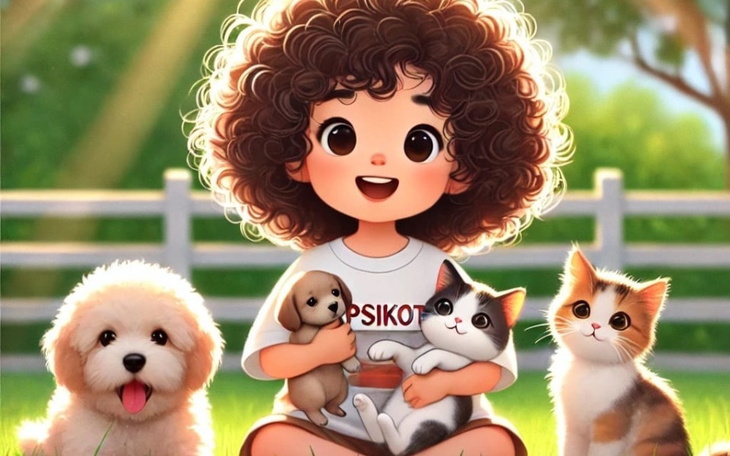 Ilustracja dziecka z zwierzętami w słonecznym otoczeniu.