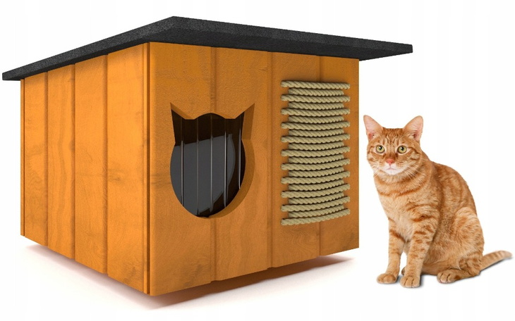 Domek dla kota z drapakiem i otworem wejściowym.