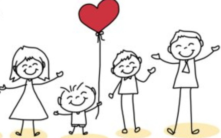 Rysunek rodziny z balonem w kształcie serca.
