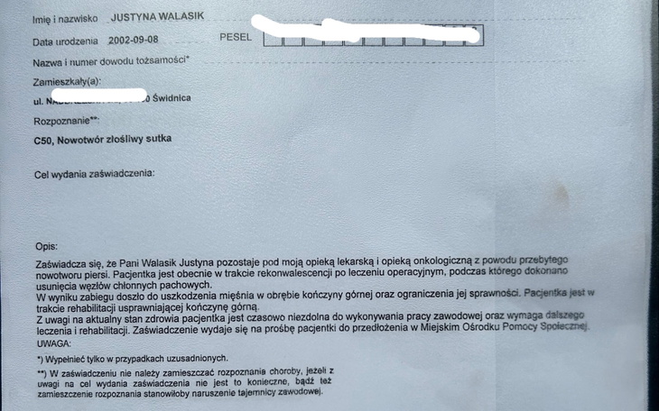 Dokument potwierdzający opiekę onkologiczną dla Justyny Walasik.