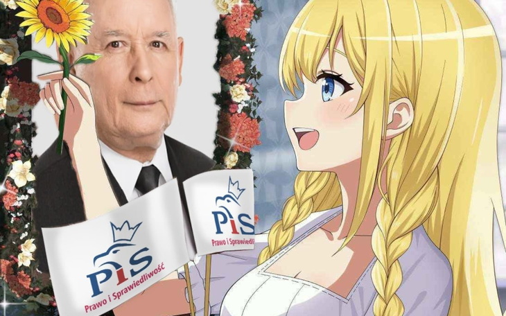 Kobieta i postać anime z kwiatem, w tle flagi.