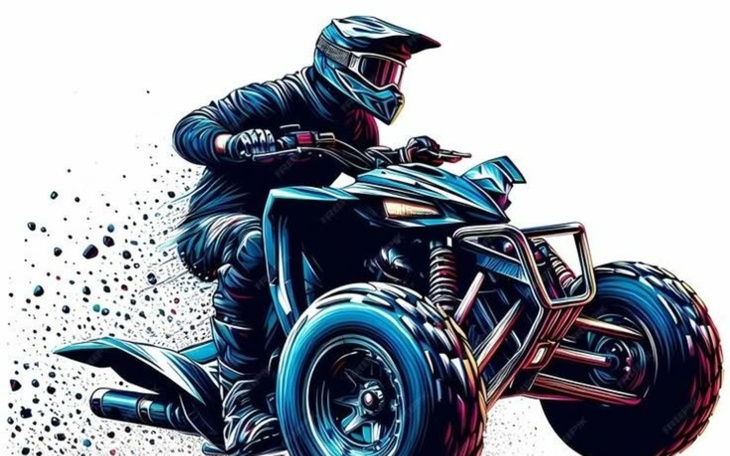Ilustracja motocyklisty na quadzie w dynamicznej pozie.