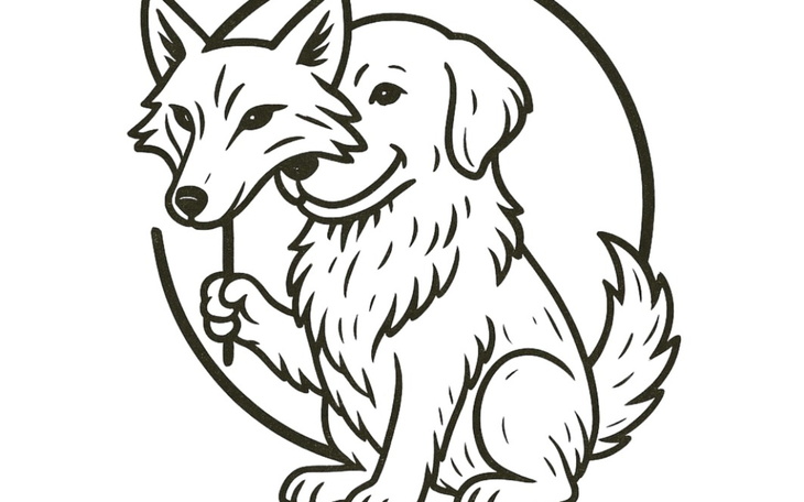 Rysunek psa trzymającego maskę lisa.