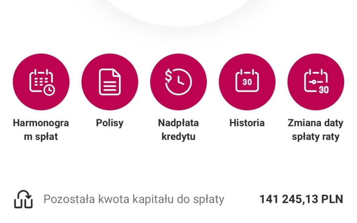 Zrzut ekranu z aplikacji finansowej z danymi o spłacie.