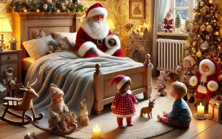 Scena z Mikołajem w pokoju pełnym świątecznych dekoracji.