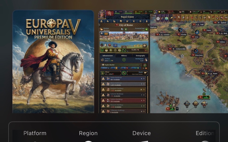 Ekran gry komputerowej Europa Universalis V z grafiką historyczną.
