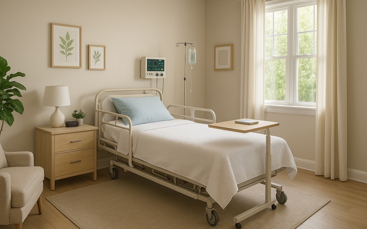 Pusty pokój szpitalny z łóżkiem i oknem.