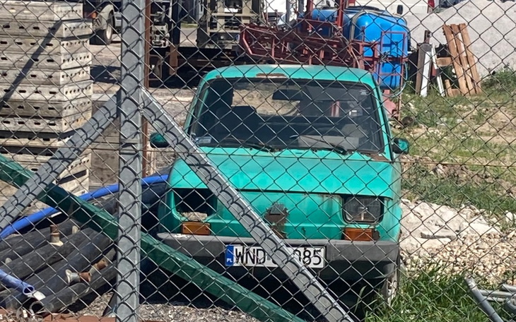 Stary zielony samochód zaparkowany w zarośniętym miejscu.