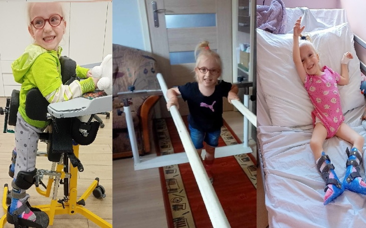 Dziecko w okularach ćwiczy chodzenie z pomocą.