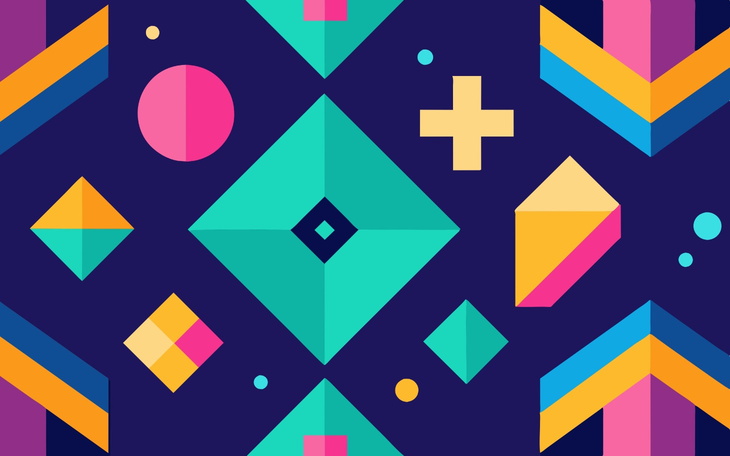 Abstrakcyjny wzór z geometrycznymi kształtami w żywych kolorach.